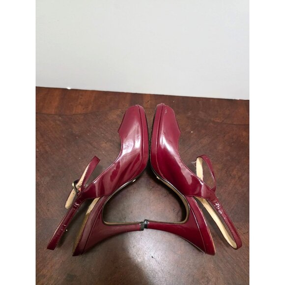 Cole Haan Burgundy Patent Leather Peep Toe Slingback Heels Adjustable Strap Wome - Picture 6 of 12